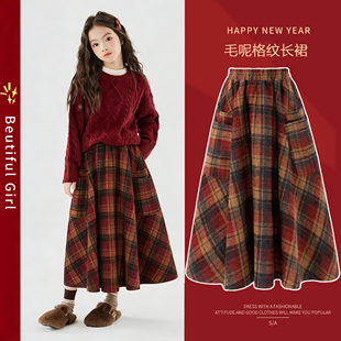 女童半身裙秋冬儿童红色格子长裙新年战袍女孩圣诞节过年加厚裙子