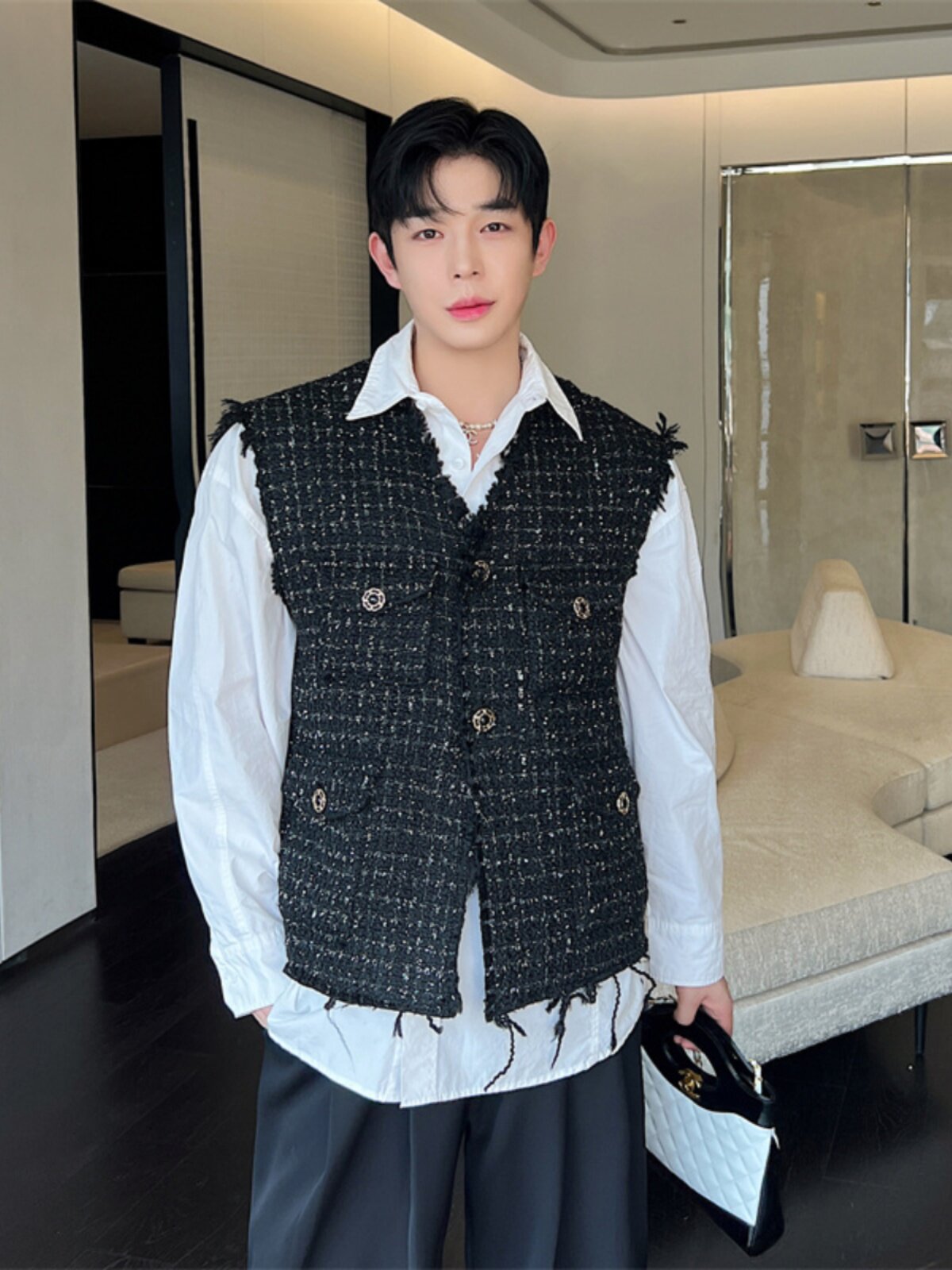 XIAOXIANGFENG 트위드 원시 가장자리 조끼 남자 가을 겨울 새로운 겉옷 한국 스타일 틈새 민소매 양복 조끼 유행