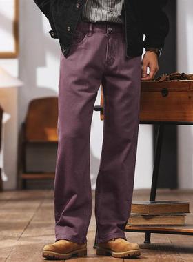 美式复古紫色牛仔裤男春季潮牌宽松直筒重磅休闲工装裤子男