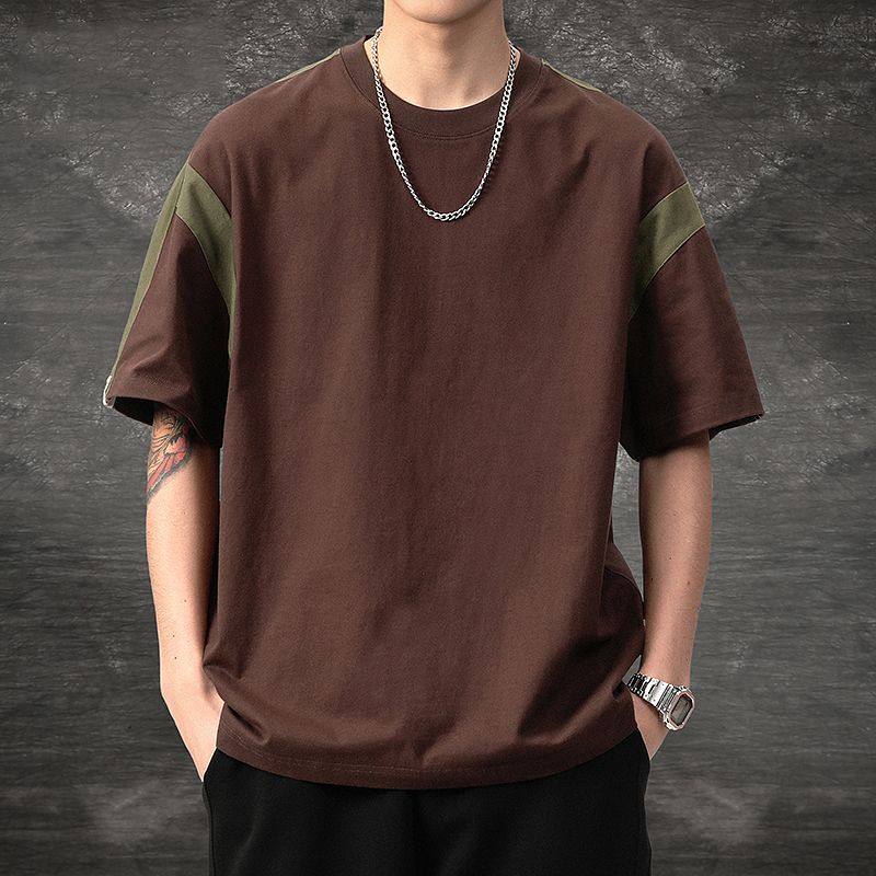 美式重磅复古纯棉圆领t恤男短袖夏季新款宽松ins潮流拼接五分半袖,男装,T恤,淘宝优惠券,粉丝福利购,淘宝优惠卷