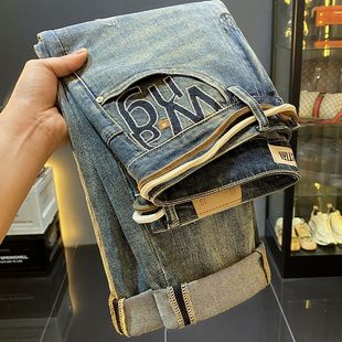 休闲复古牛仔裤 小直筒痞帅微宽松小脚长裤 男士 修身 子 2024新款 美式