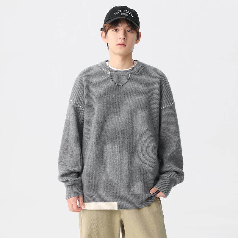 假两件针织衫男春秋季圆领宽松套头毛线衣明线百搭日系复古情侣款