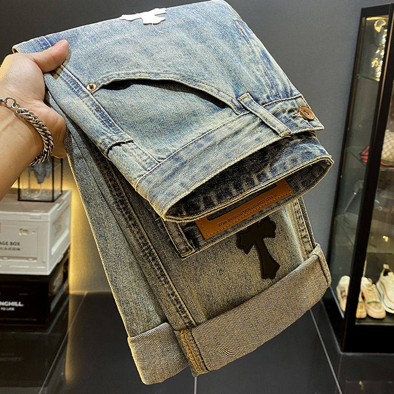 美式高端潮牌拼皮破洞复古牛仔裤男士夏季薄款直筒宽松工装长裤子,男装,牛仔裤,淘宝优惠券,粉丝福利购,淘宝优惠卷