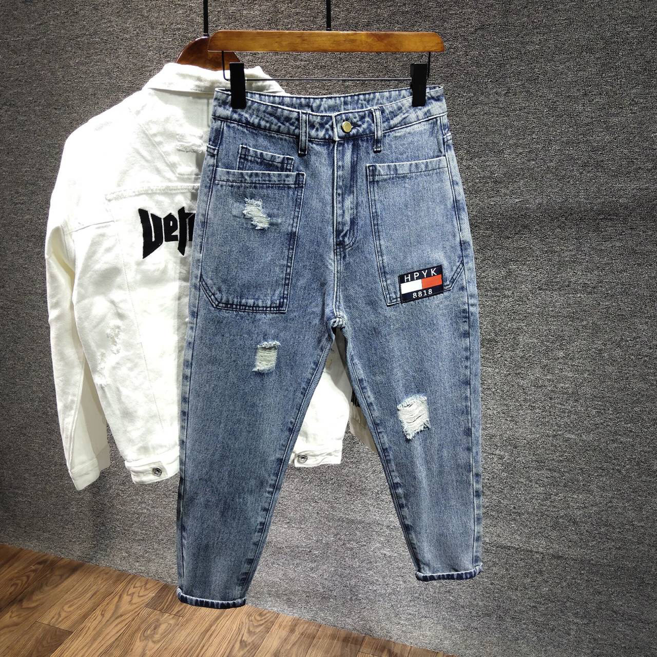 九分秋季牛仔裤男士潮牌宽松 韩版哈伦裤宽松ins学生萝卜哈伦裤子