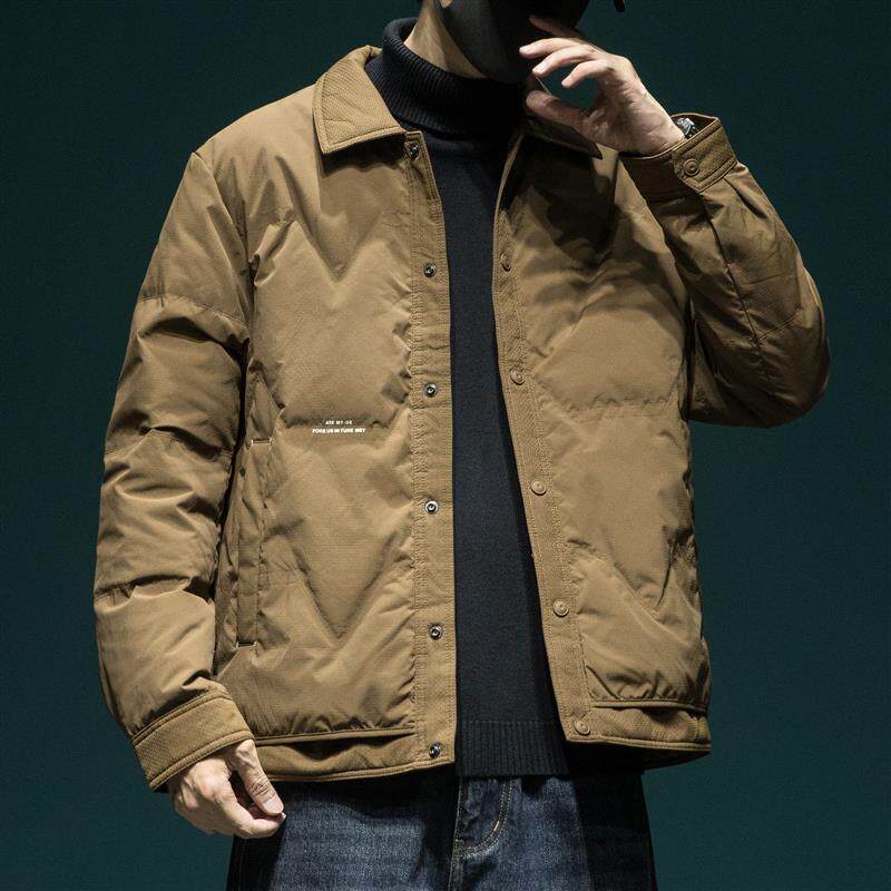 90鸭绒轻薄羽绒服男宽松大码2024冬季新款户外防风保暖衬衫领外套