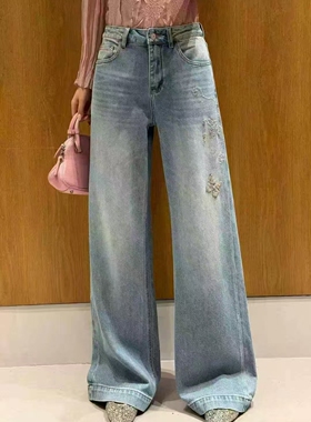 欧洲站2026春季新款Dong.one蝴蝶烫钻牛仔裤百搭休闲宽松阔腿裤女