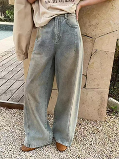 百搭亮片宽松休闲裤 欧洲站2026春季 .com高腰显瘦磨白牛仔裤 新款