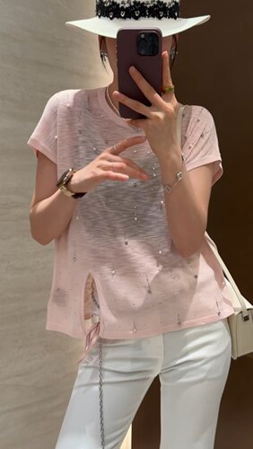 2026夏季减龄钉珠圆领T恤上衣女
