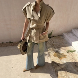 .com美式 复古收腰显瘦风衣外套休闲百搭上衣 新款 欧洲站2026春季