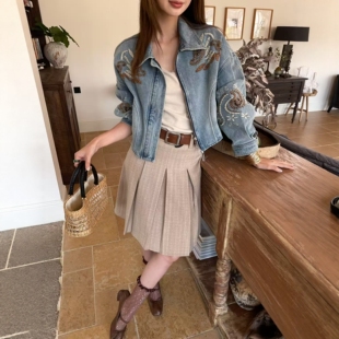 .com重工钉钻刺绣牛仔短外套宽松百搭上衣女 欧洲站2026春季 新款