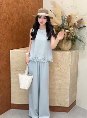 欧洲站2026夏季新款Dong.one蕾丝钩花背心上衣抽绳高腰阔腿裤套装