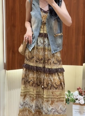 欧洲站2026夏季新款DT.Dong法式气质V领牛仔马甲碎花连衣裙套装女