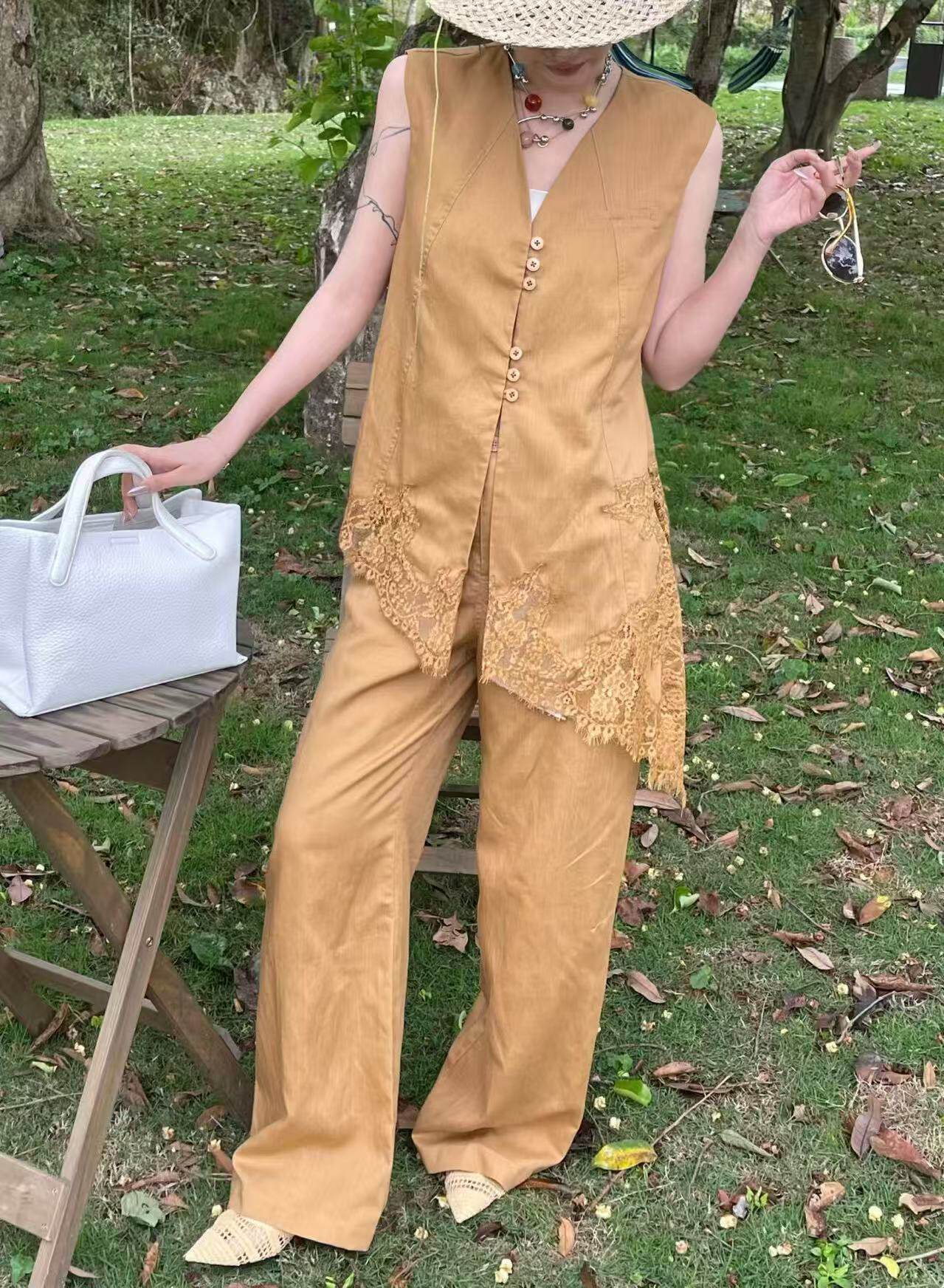 2026夏季拼蕾丝背心垂感阔腿裤女