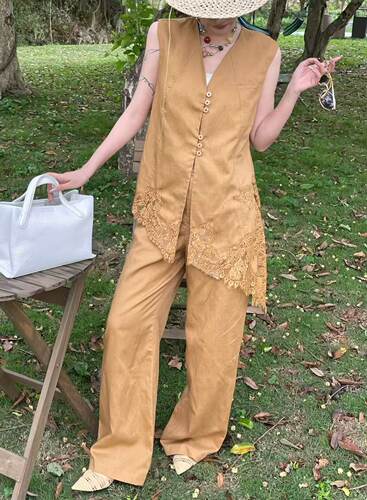 2026夏季拼蕾丝背心垂感阔腿裤女