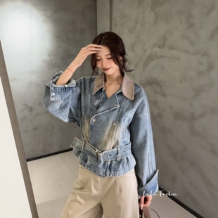 .com设计感翻领牛仔外套收腰气质百搭上衣女 欧洲站2026春季 新款