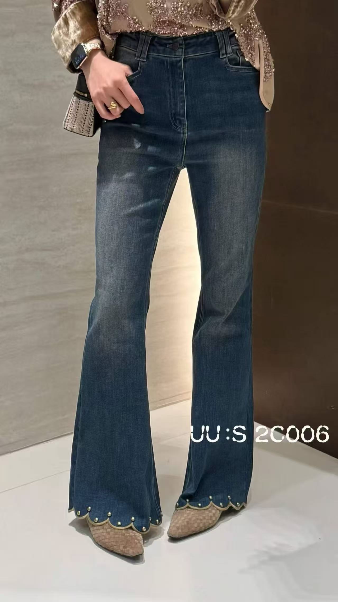 2026秋季高腰荷叶边牛仔微喇裤女