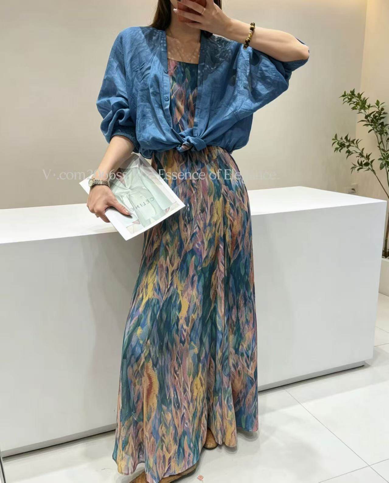 欧洲站2026夏季新款V+.com设计感印花吊带连衣裙长袖衬衫套装女