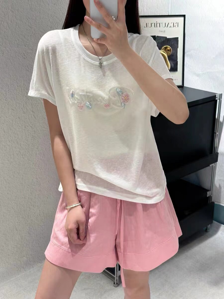2026夏季钉珠亮片刺绣短袖T恤女