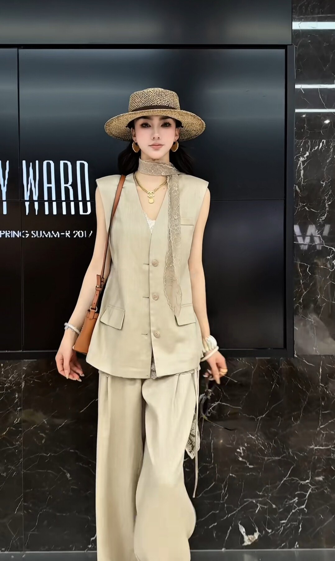欧洲站2026夏季新款Dong.one高级感蕾丝飘带西装马甲阔腿裤套装女