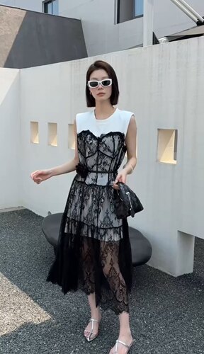 欧洲站2025年夏季新款DT.Dong圆领无袖拼蕾丝网纱收腰显瘦连衣裙