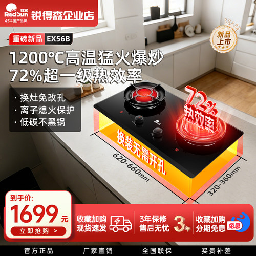 红日燃气灶家用红外线煤气灶72%热效率聚能猛火节能台式双灶EX56B