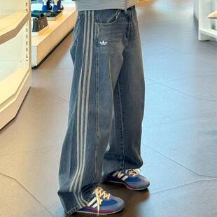 Adidas三叶草宋雨琦同款 运动牛仔裤 JN0726 JX6865 复古阔腿弯刀裤