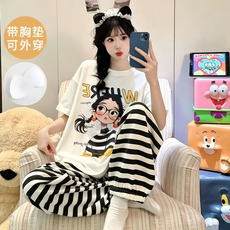 睡衣女款夏季2026新款带胸垫甜美可爱格子短袖长裤夏天家居服套装