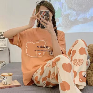 睡衣女夏季纯棉短袖长裤薄款套装