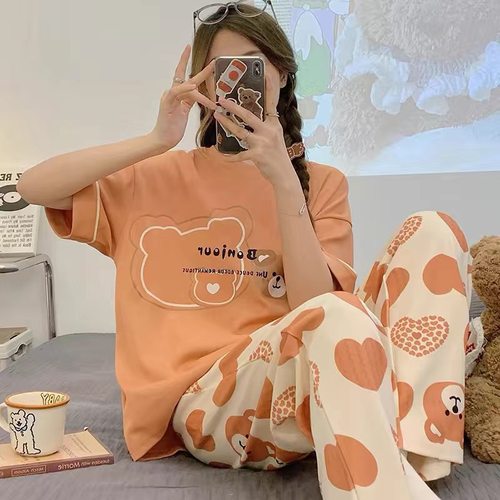 睡衣女夏季纯棉短袖长裤薄款套装