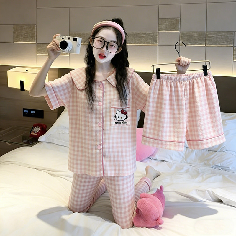 儿童睡衣夏云朵棉女童亲子三件套