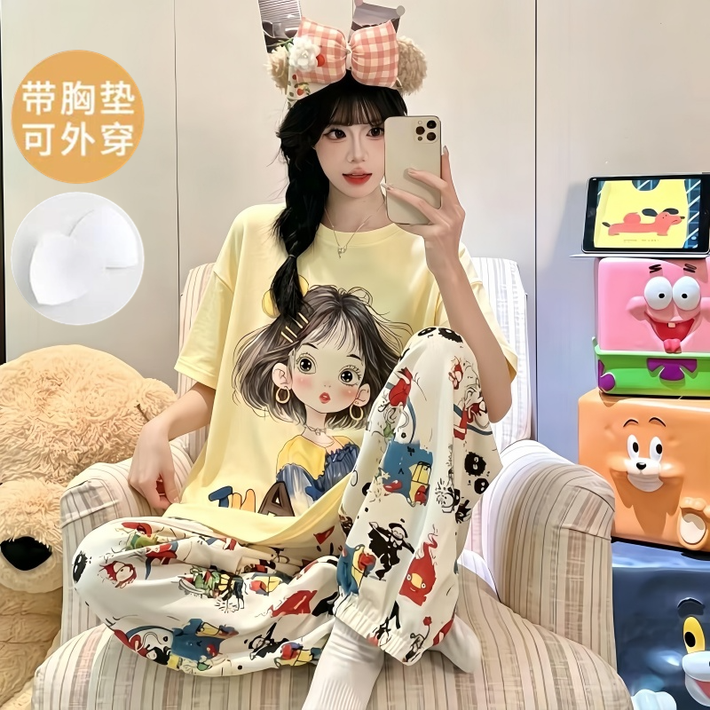 夏季睡衣女款夏天2026新款短袖长裤明黄带胸垫纯棉女士家居服套装
