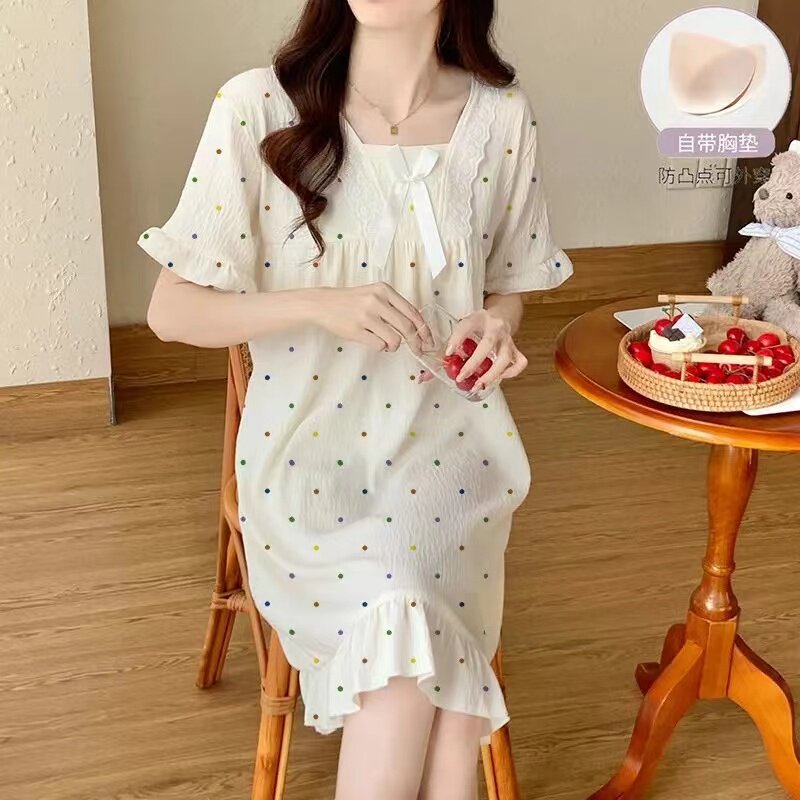 2026新款长袖睡裙女款带胸垫春秋公主风可爱云朵棉睡衣长裙家居服