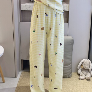 网红风可外穿遛弯神裤女款泡泡棉纱睡裤春秋季长裤格子甜美家居裤