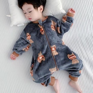 男童睡袋珊瑚绒秋冬季防踢被家居服加厚款加绒儿童连体法兰绒睡衣