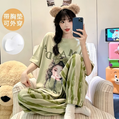纯棉带胸垫睡衣女款夏天短袖长裤