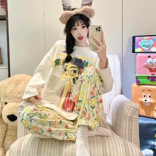 纯棉睡衣女款布料2025新款秋冬季全棉休闲收口束脚家居服女士套装