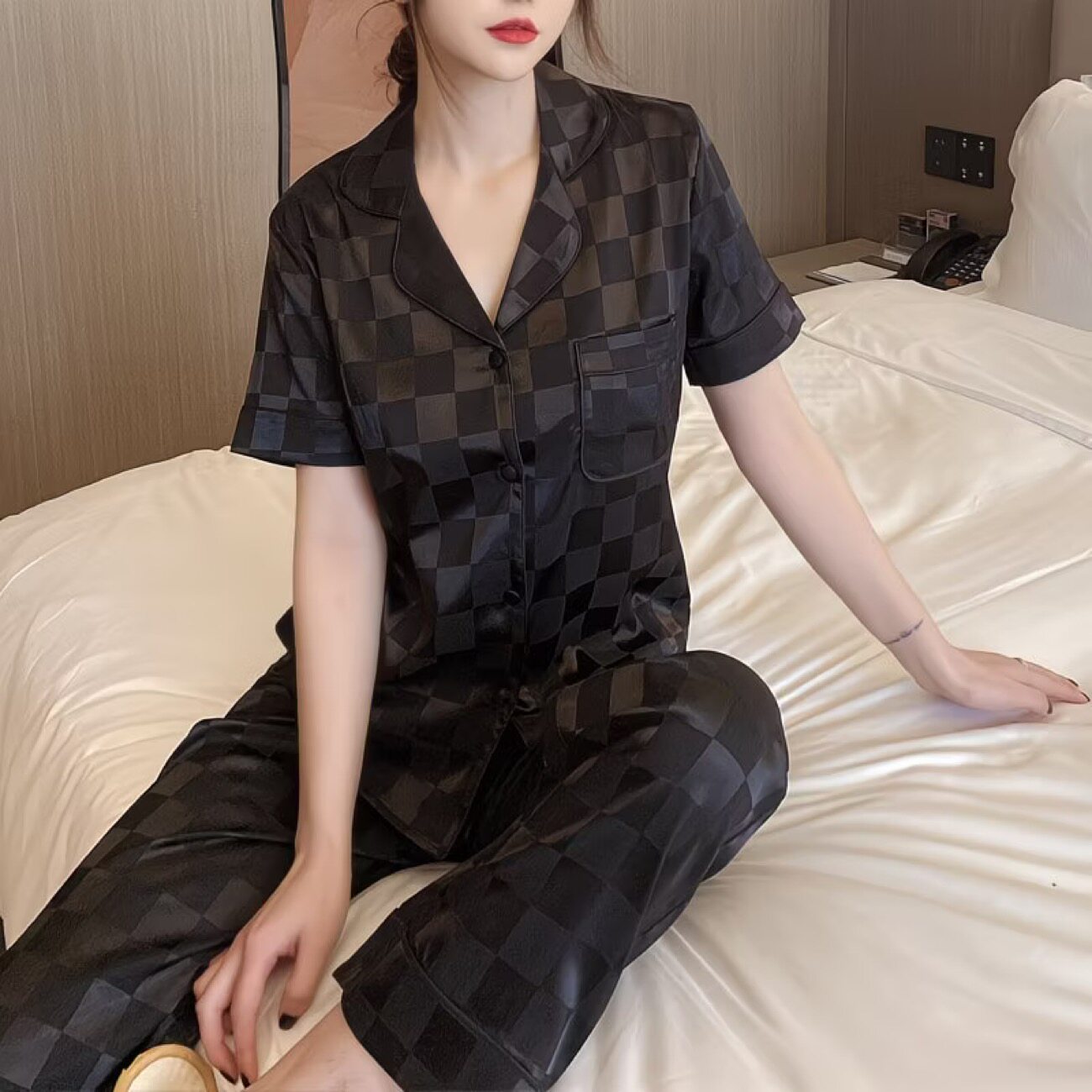 冰丝睡衣女开衫短袖长裤带口袋夏