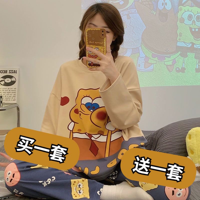 海绵宝宝睡衣女款春秋纯棉长袖冬