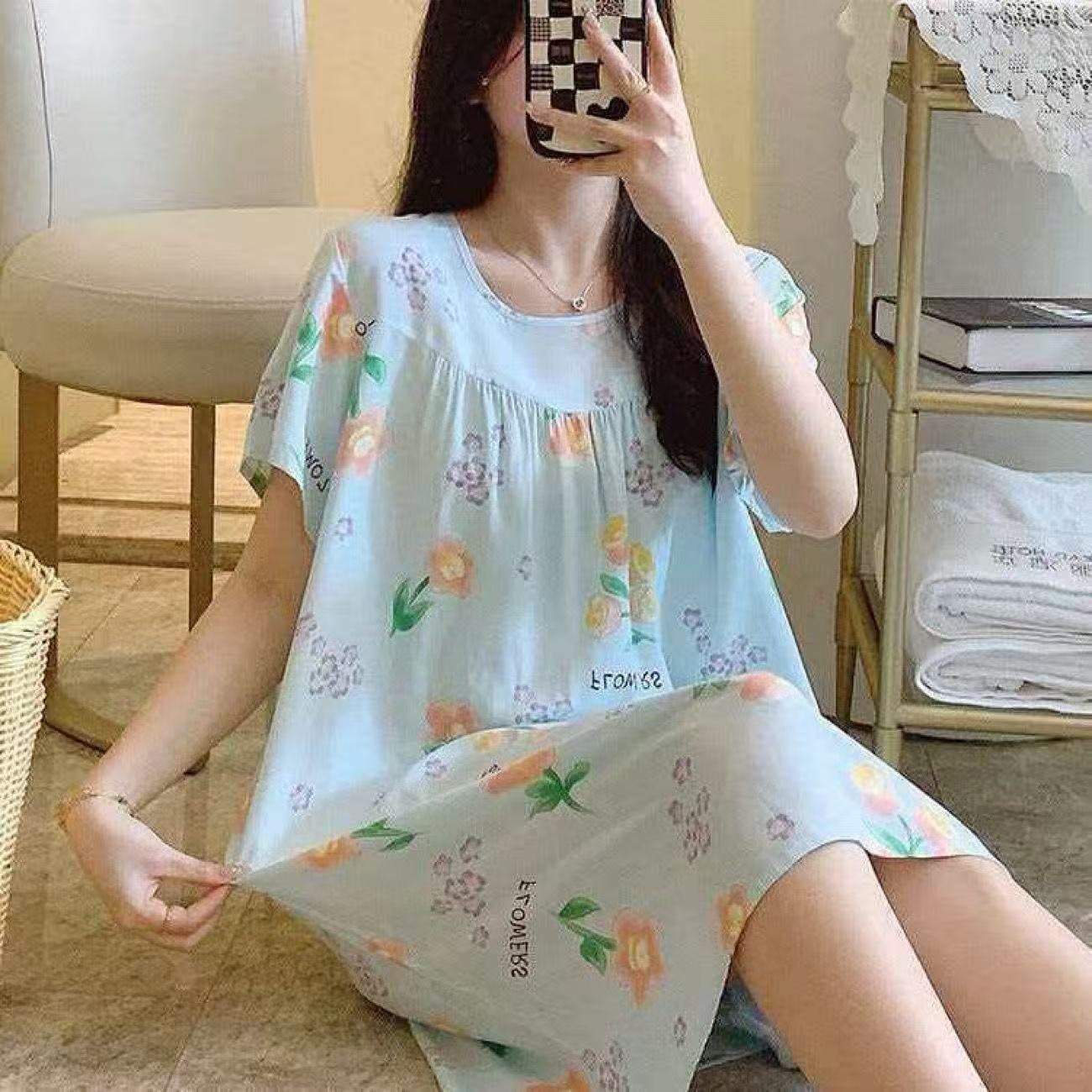 短袖女纯棉大码睡裙宽松舒适甜美图片