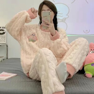 2024秋冬季新款珊瑚绒加绒加厚睡衣女洋气减龄法兰绒居家服两件套