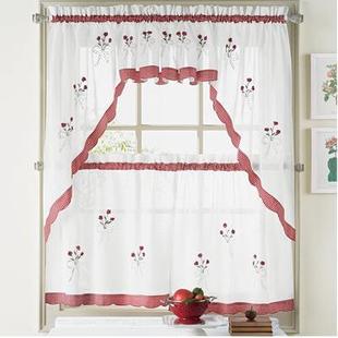 出口绣花竹节纱窗帘三件套/橱帘/半帘高160×150cm(米色)