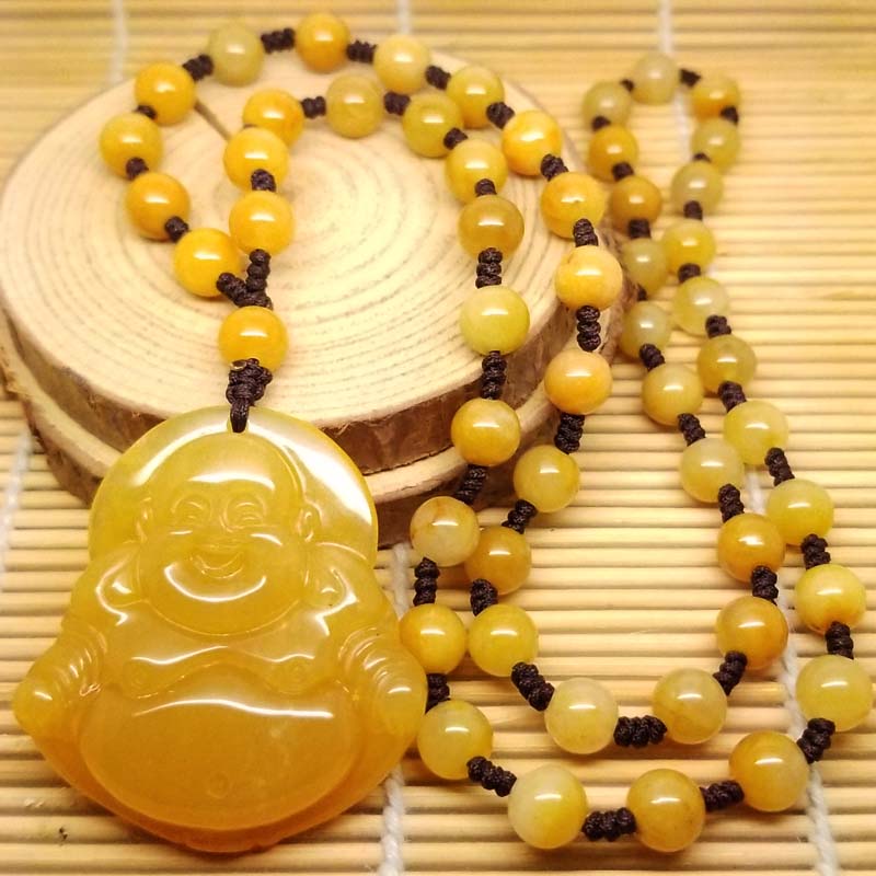 天然黄玉大佛吊坠毛衣链