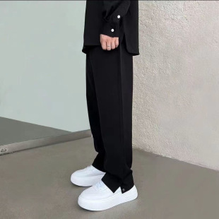 子阔腿纽扣设计长裤 欧美潮牌垂坠感休闲下摆开衩直筒西裤 男宽松裤