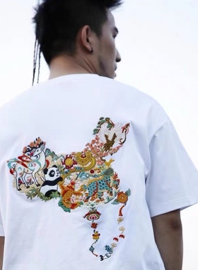2024夏季短袖纯棉100％上衣国潮白色刺绣T恤男熊猫圆领体恤中国风
