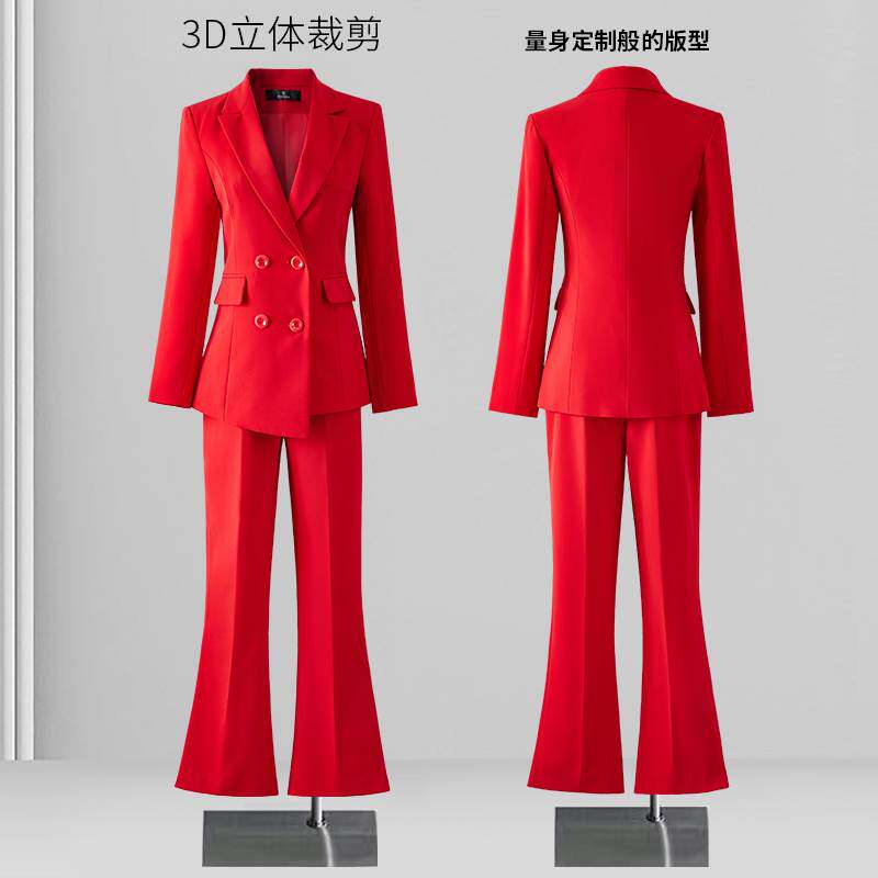 红色西装套装女2024新款春秋双排扣主持人正装职业工作服西服外套