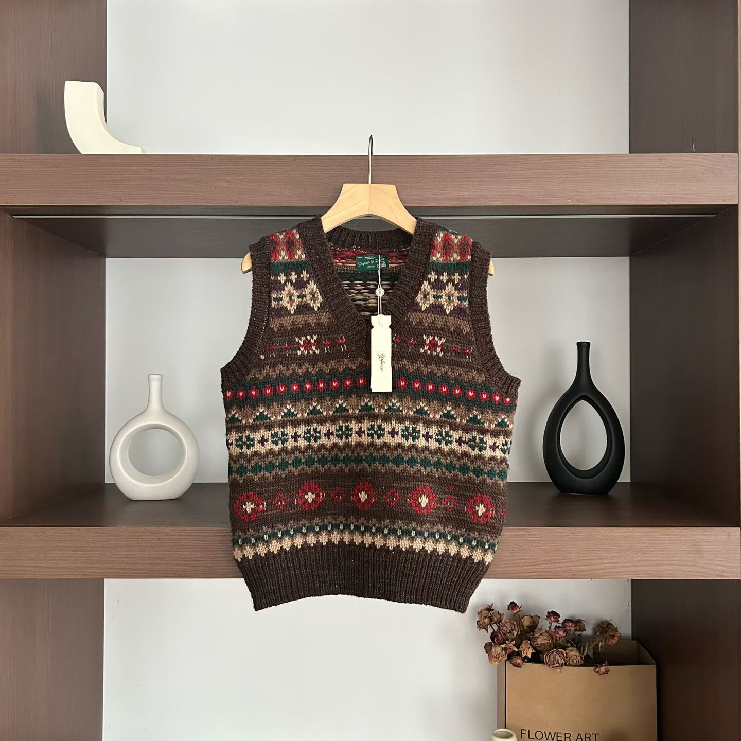 复古提花V领针织背心女