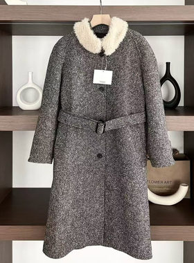 老钱风灰色羊毛毛领长款毛呢外套女优雅气质系带修身呢大衣