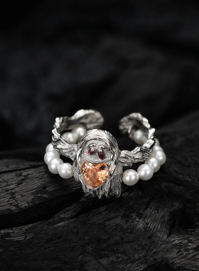 潮爆珍珠戒指女小众纯银幽灵