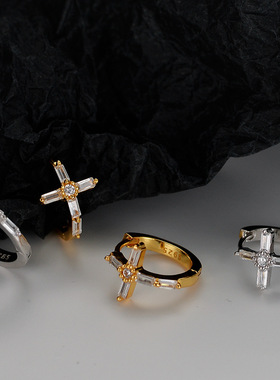 韩版简约S925纯银十字架耳扣女时髦百搭超闪镶钻几何耳环 E6155