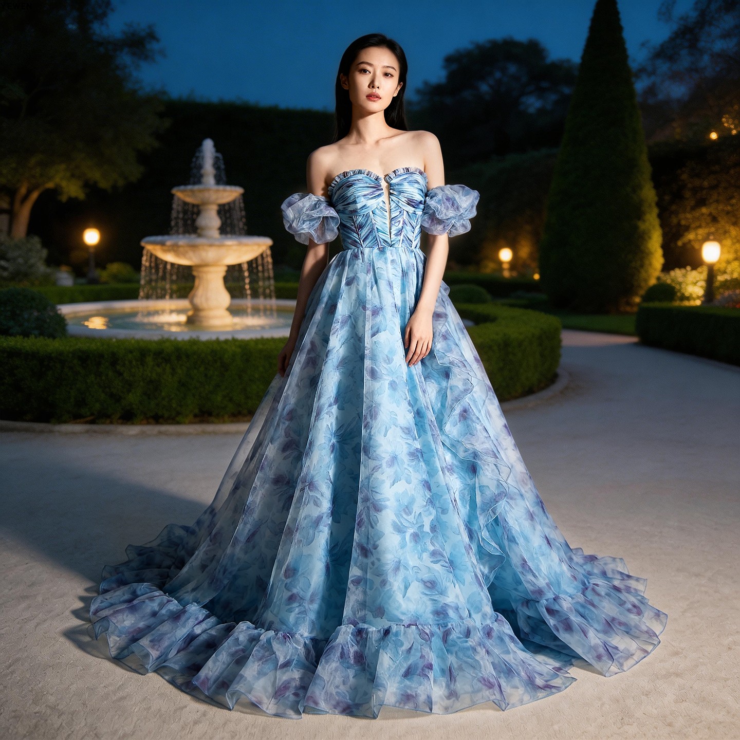 蓝色碎花晚礼服出租轻奢高端宴会高定成人毕业新娘订婚敬酒服写真